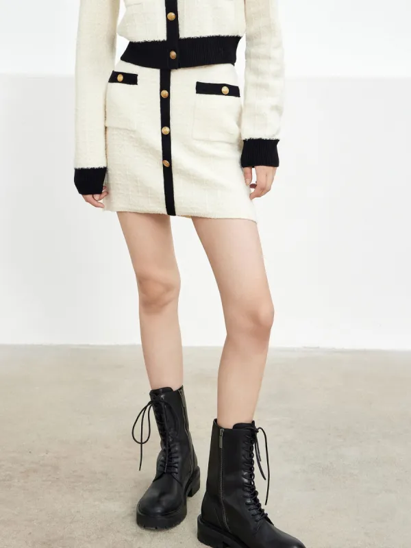 Button Contrast Textured Knit Skirt sold by Mo&Co