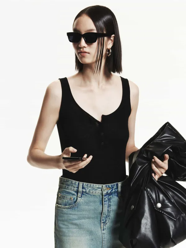 Half Button Wool Tank sold by Mo&Co