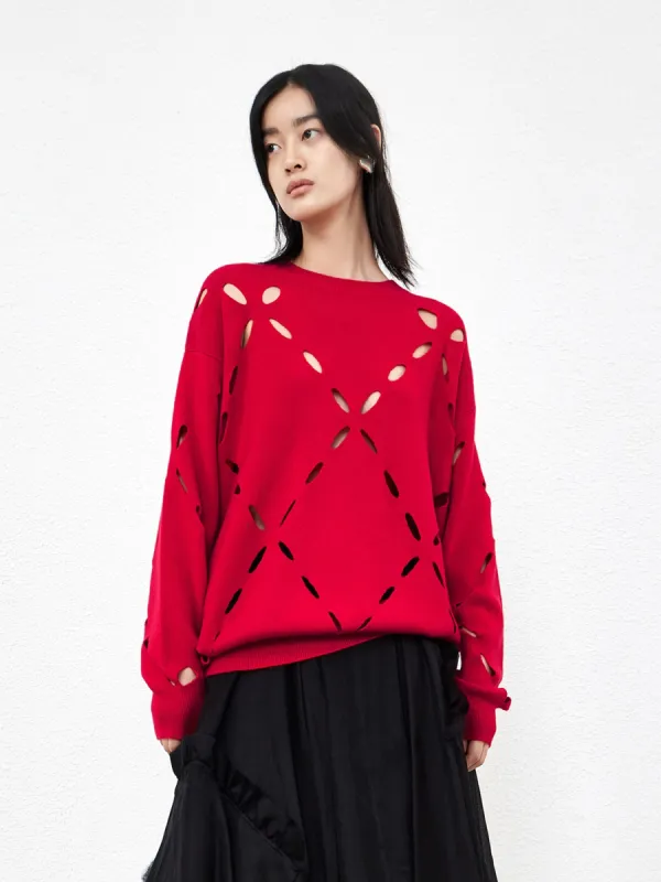 Crewneck Wool Blend Openwork Sweater sold by Mo&Co