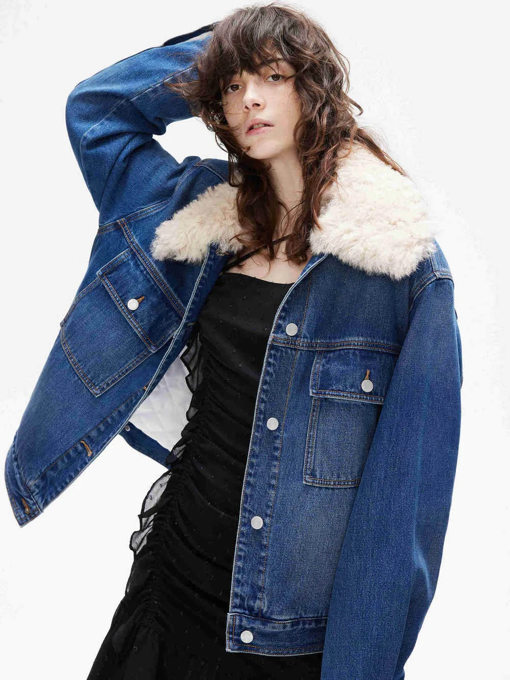 Fuzzy Collar Denim Jacket sold by Mo&Co