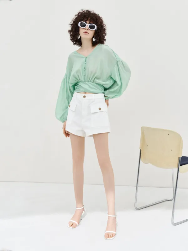 Silk Cutout Back Wrap Top sold by Mo&Co