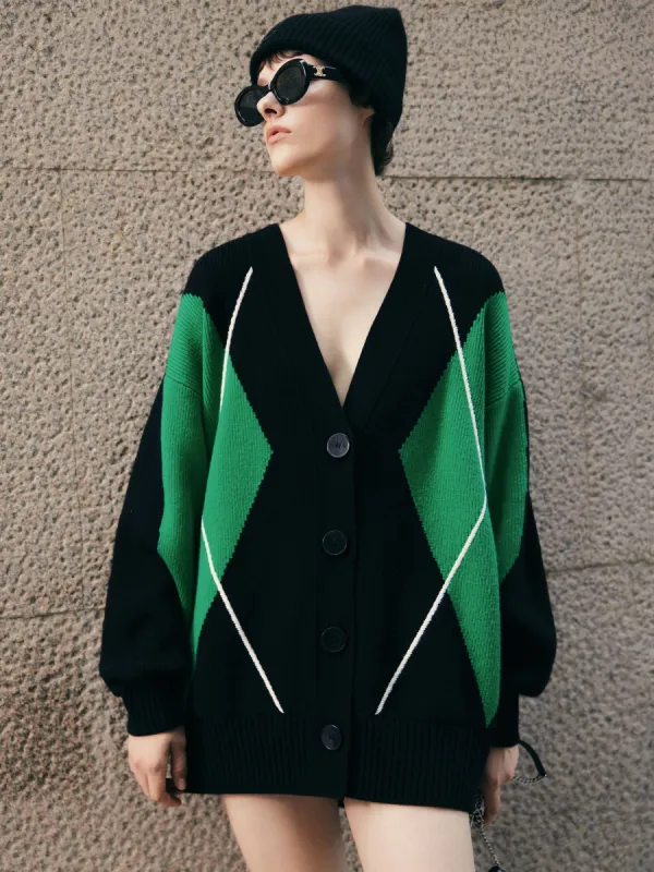 Wool Blend Diamond Graphic Cardigan sold by Mo&Co