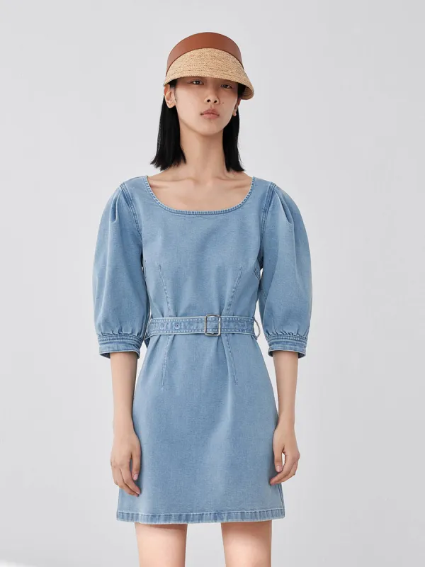 Belted Puff Sleeve Denim Dress sold by Mo&Co