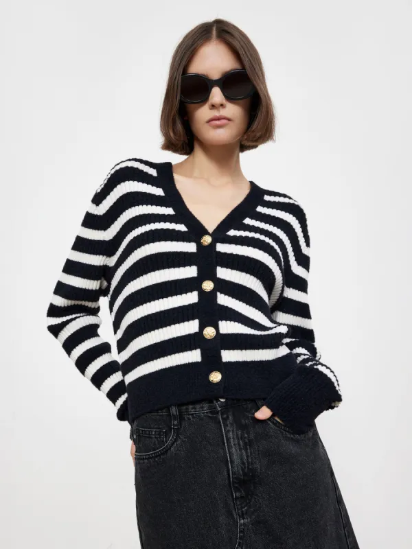 V-neck Striped Knitted Wool-Blend Cardigan sold by Mo&Co