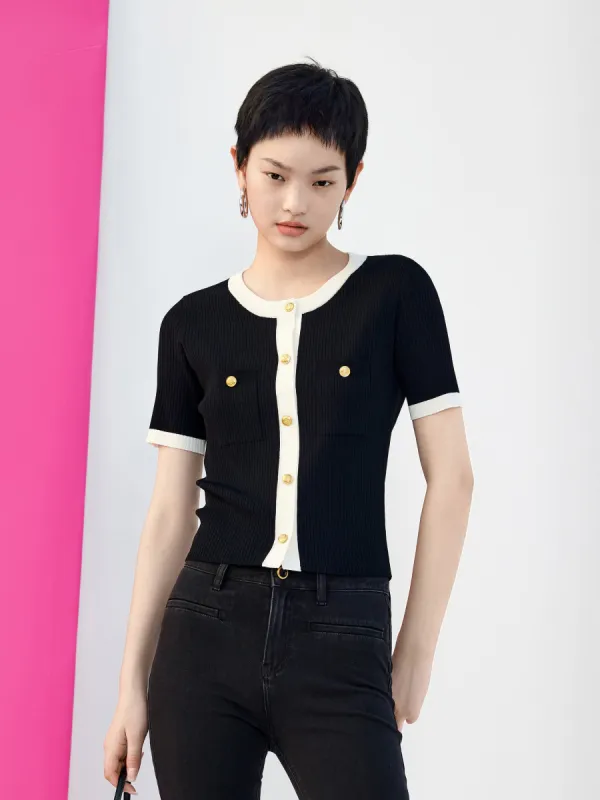 Contrast Stretch Knit Cardigan sold by Mo&Co
