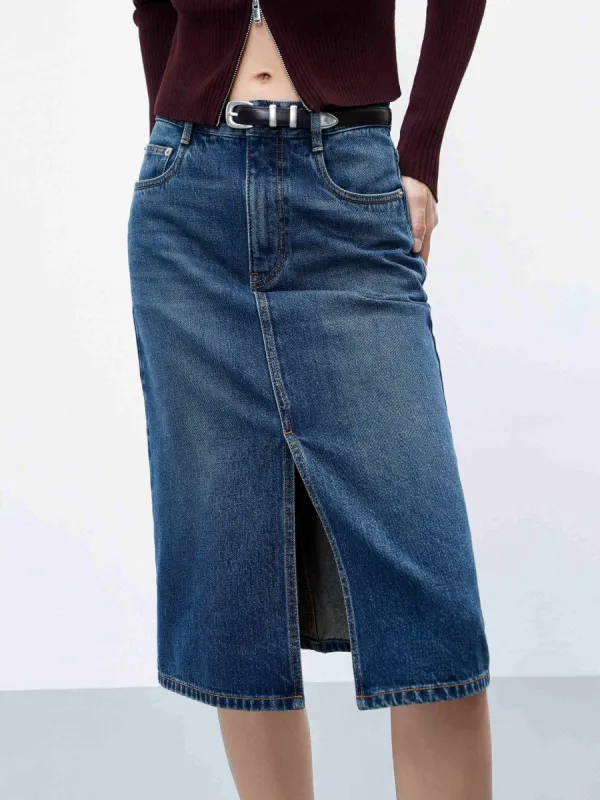 Denim Front Slit Skirt sold by Mo&Co