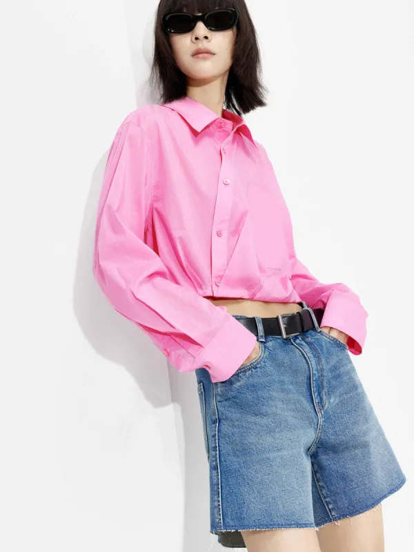 Slanted Placket Cropped Shirt sold by Mo&Co