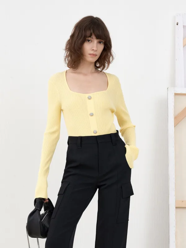 Square Neckline Button Wool Knit Sweater sold by Mo&Co