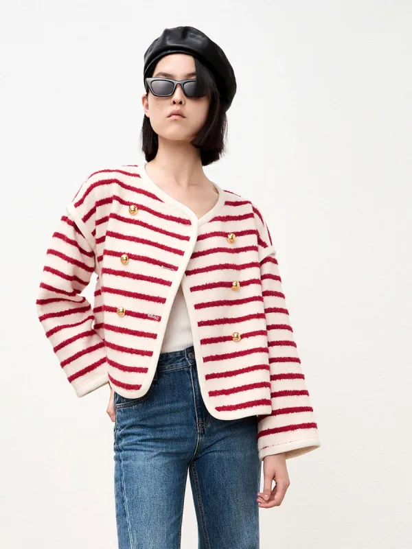 Collarless Stripe Crop Jacket sold by Mo&Co