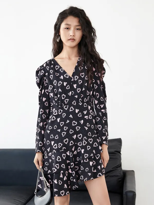 Heart Print Asymmetric Ruffle Dress sold by Mo&Co