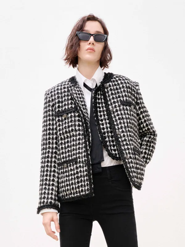 Collarless Checked Tweed Jacket sold by Mo&Co