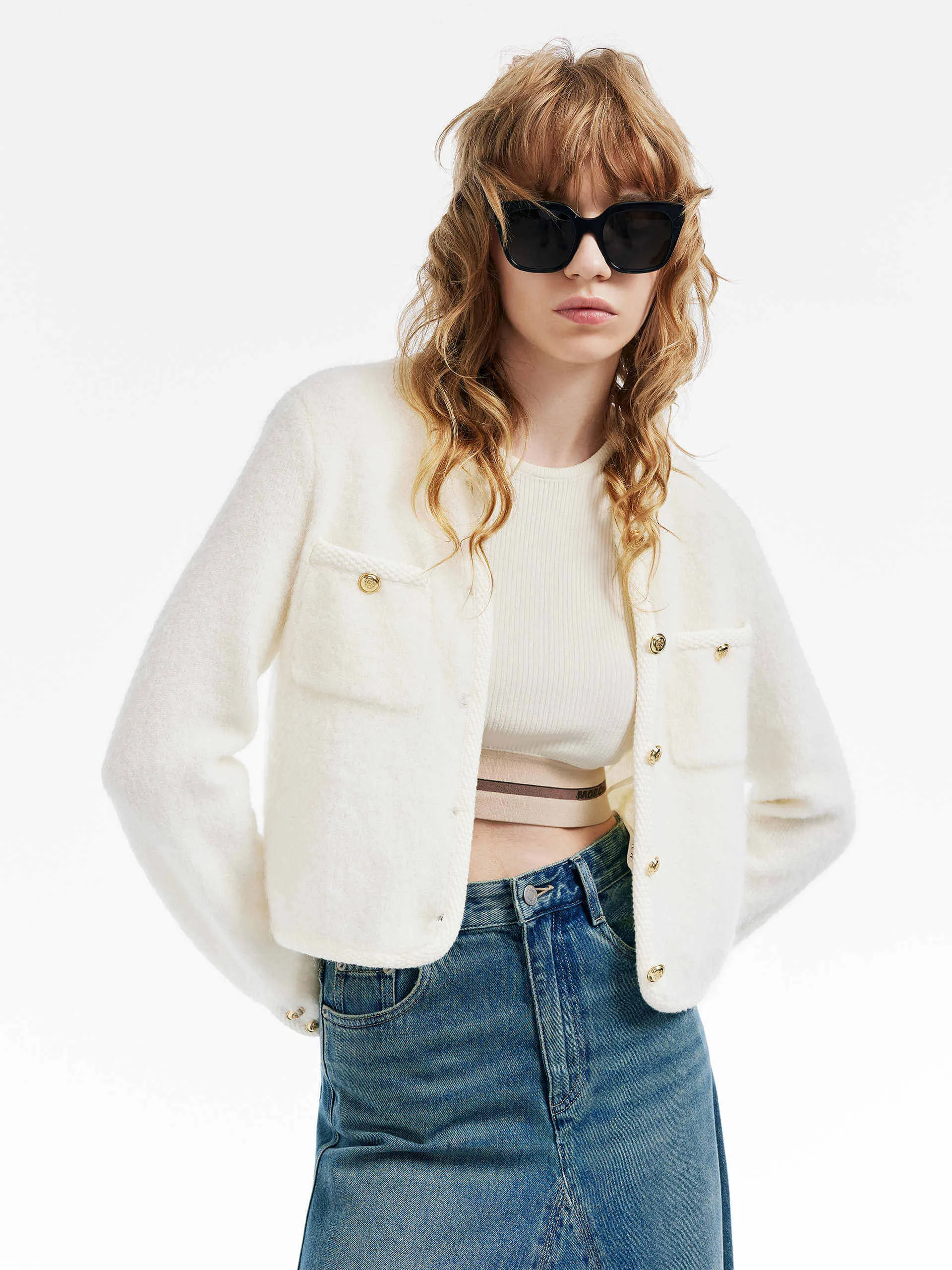 Metal Button Boxy Cardigan sold by Mo&Co