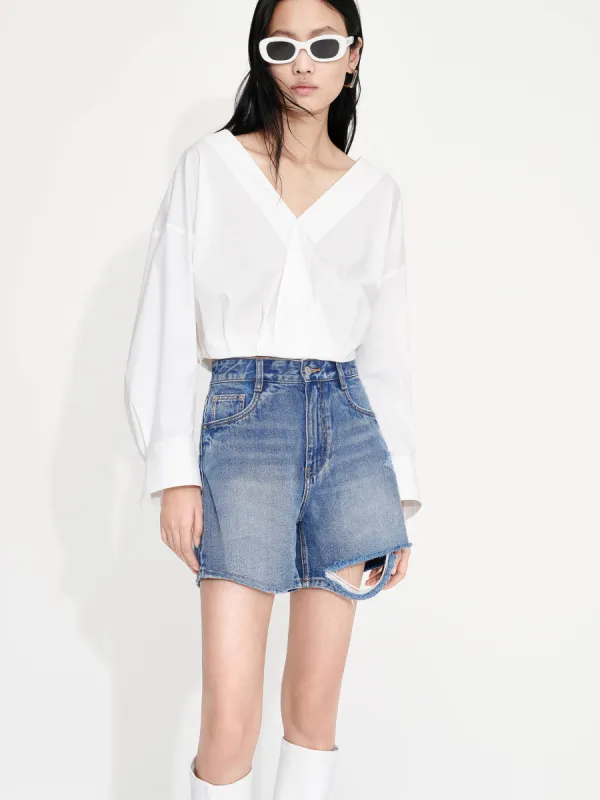 Cropped V-neck Cotton Top sold by Mo&Co