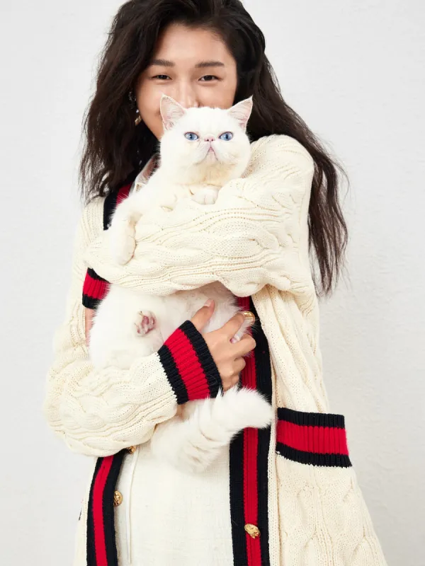 Contrast Button Up Cable Knit Cardigan sold by Mo&Co