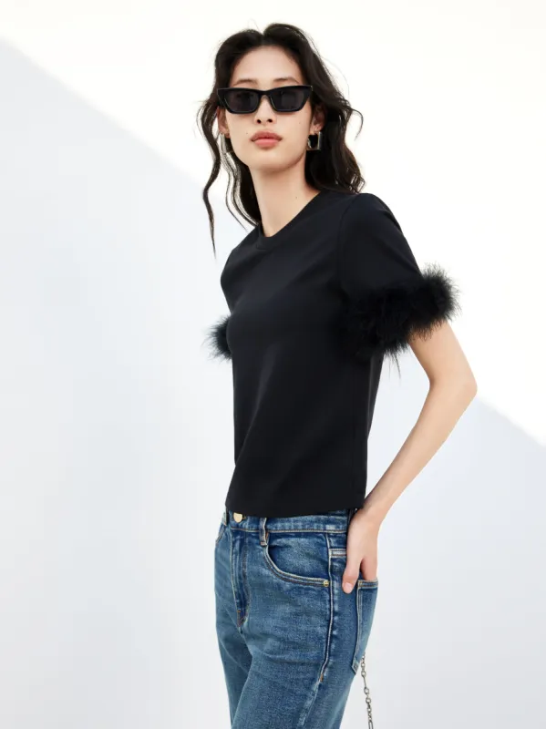 Feather Trimmed Cotton T-shirt sold by Mo&Co