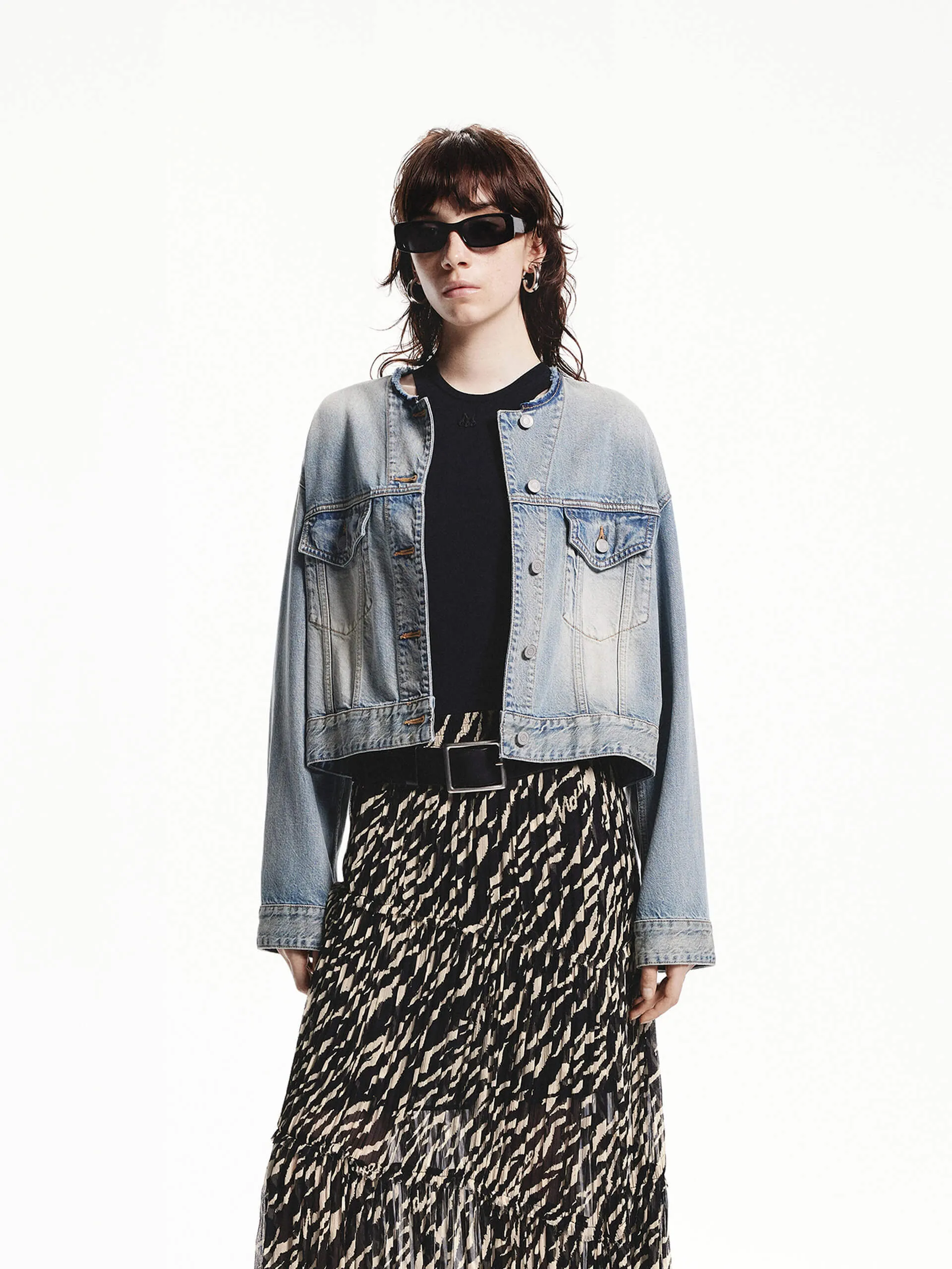 Cotton Cropped Denim Jacket sold by Mo&Co