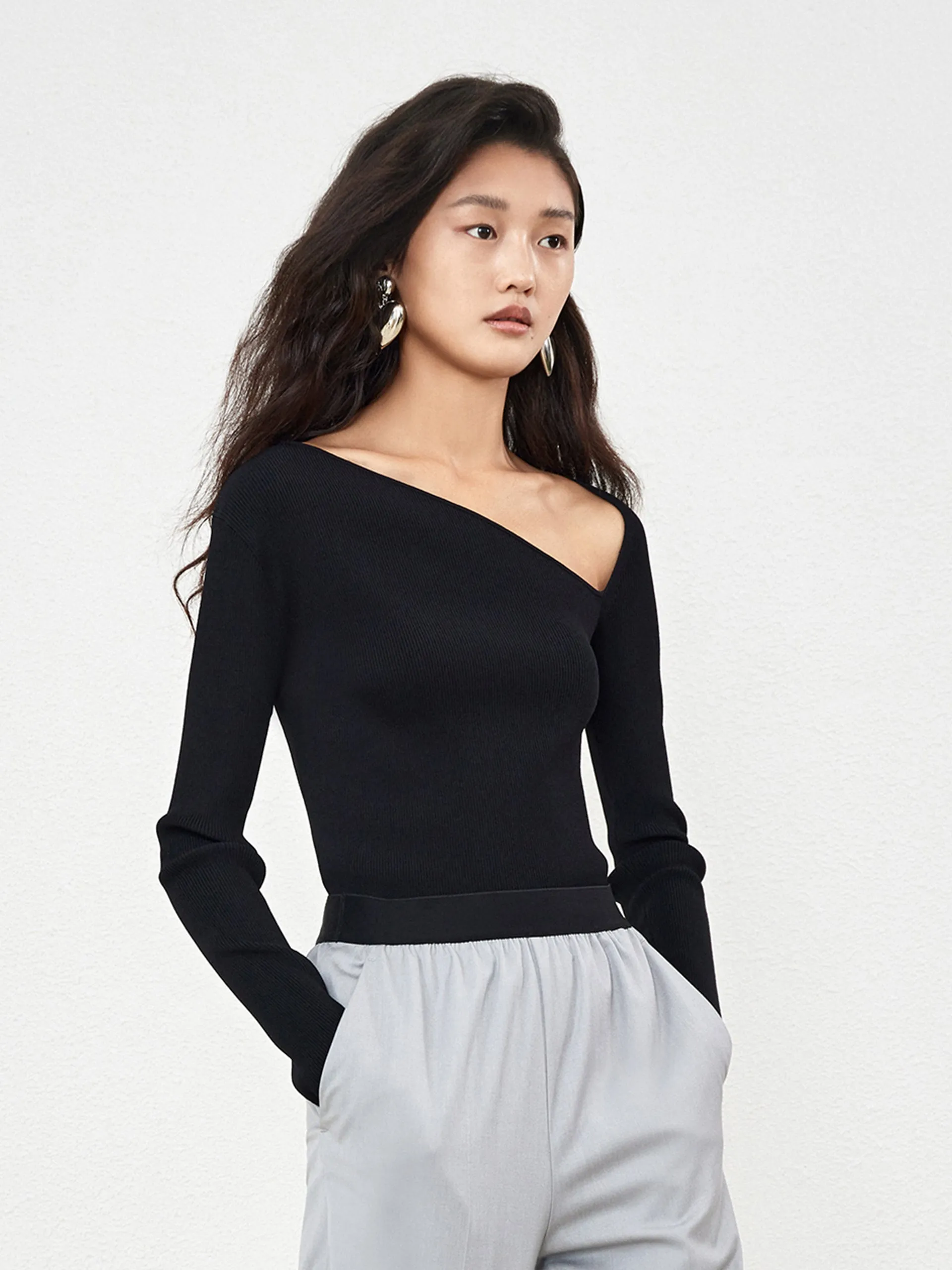 Stretch Slanted Collar Knit Top sold by Mo&Co product image thumbnail 3