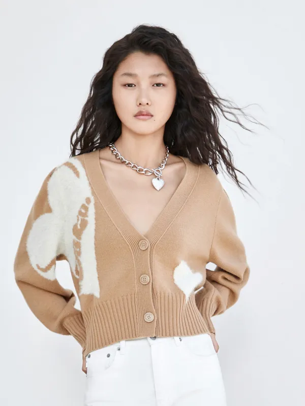 Puffed Sleeve Heart Pattern Knit Cardigan sold by Mo&Co