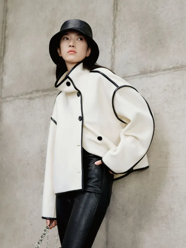 Wool Blend Contrast Lapel Collar Coat sold by Mo&Co