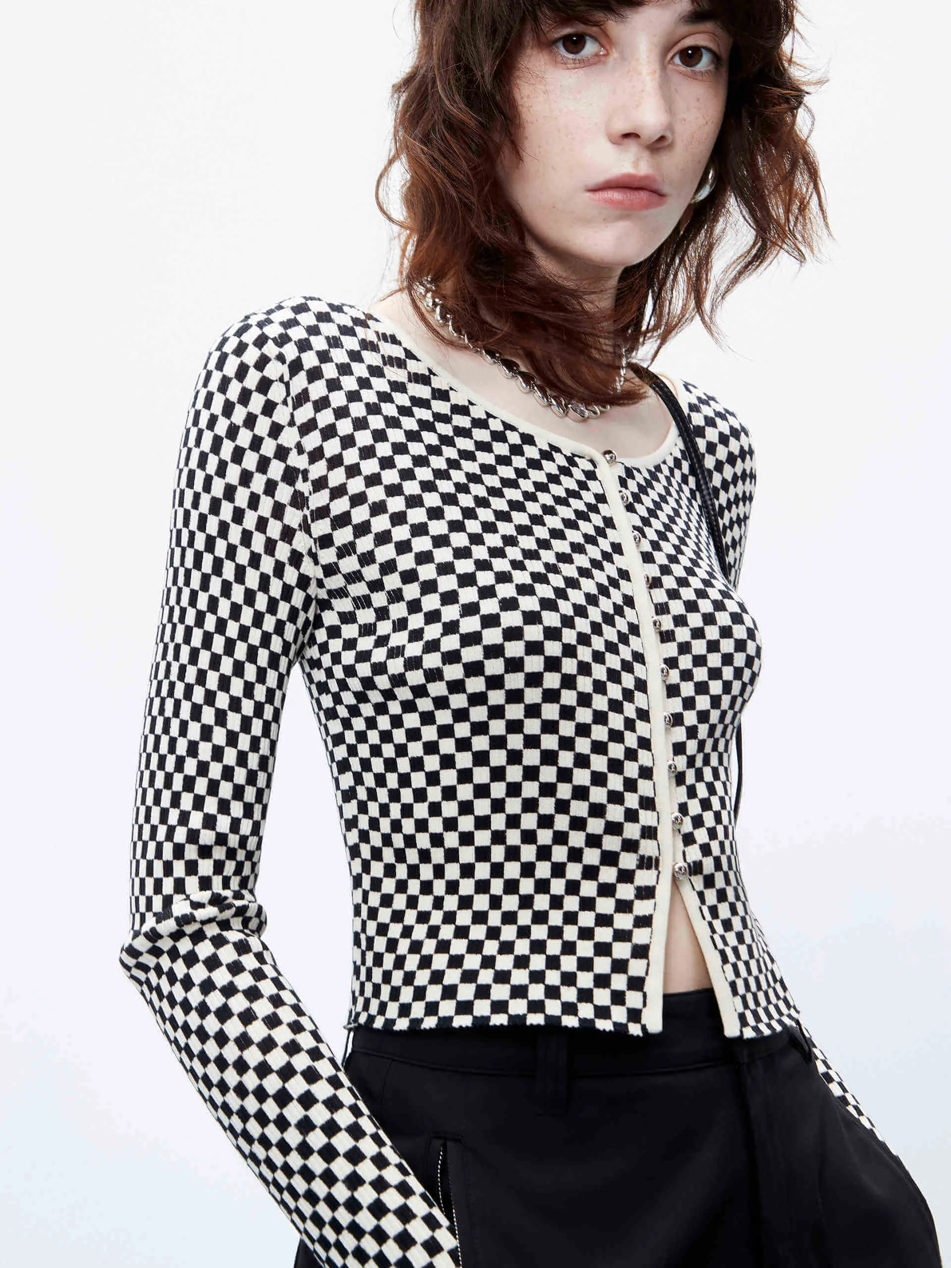 Checkered Pattern Crop Cardigan sold by Mo&Co product image thumbnail 3