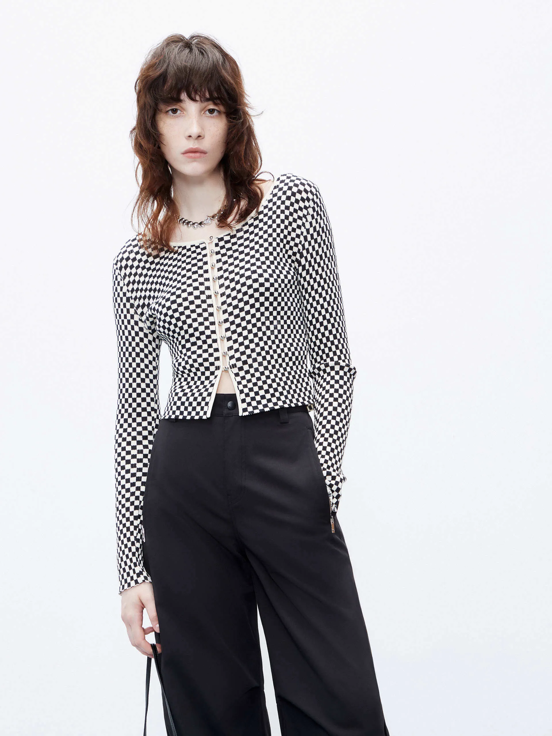 Checkered Pattern Crop Cardigan sold by Mo&Co