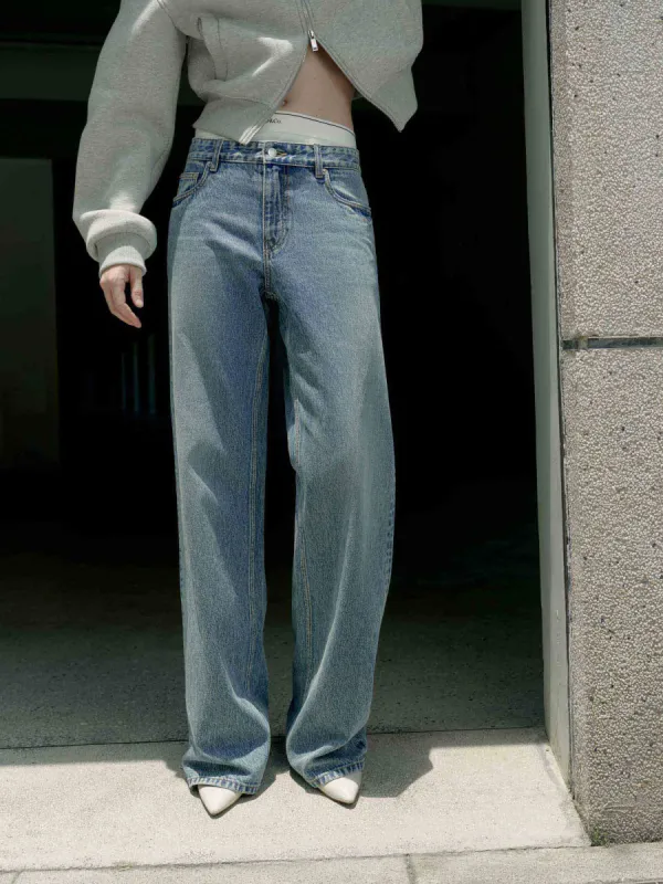 Contrast Waist Straight Jeans sold by Mo&Co