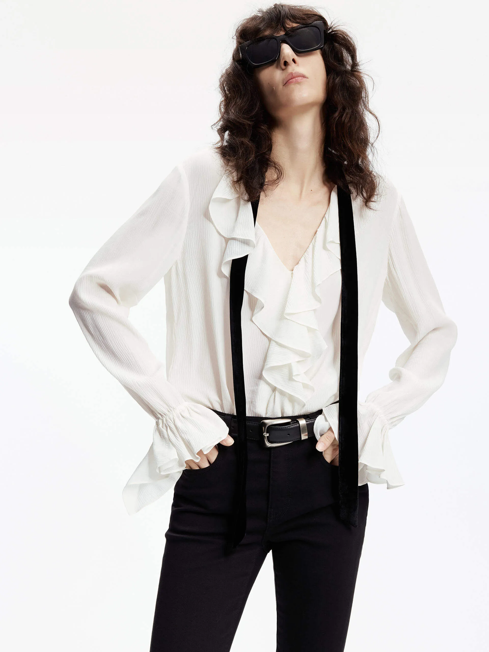 Silk Blend Ruffle Trim Blouse Parallel