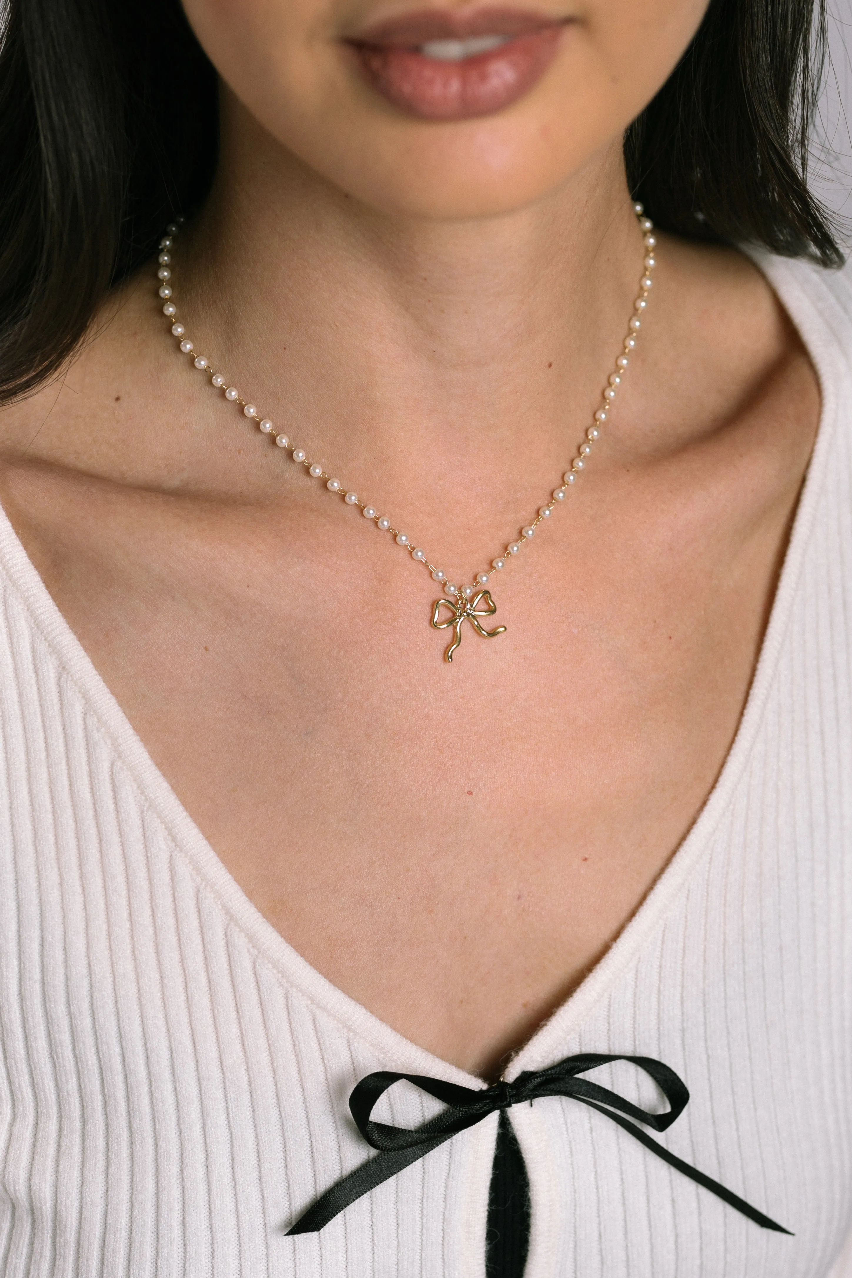 Sherry Pearl Chain with Bow Pendant Necklace sold by Morning Lavender product image thumbnail 2