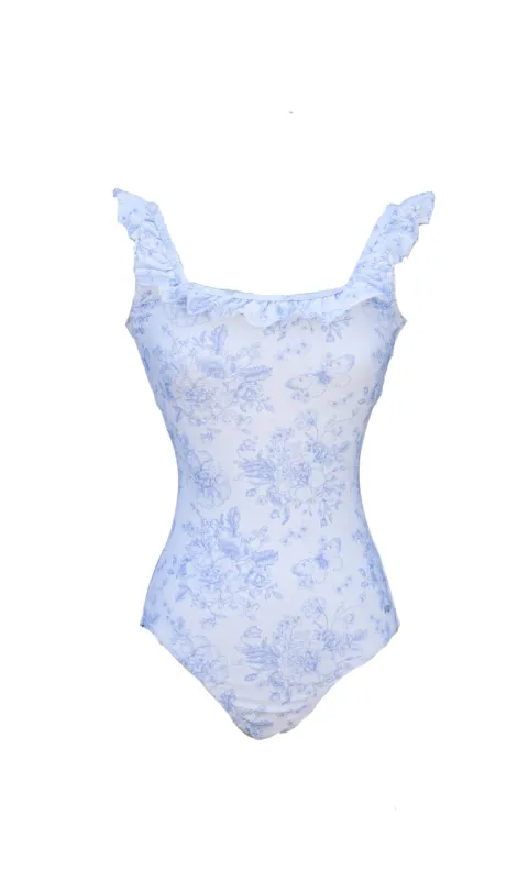 Womens Butterfly Garden Toile Ruffle One
Piece sold by Morning Lavender