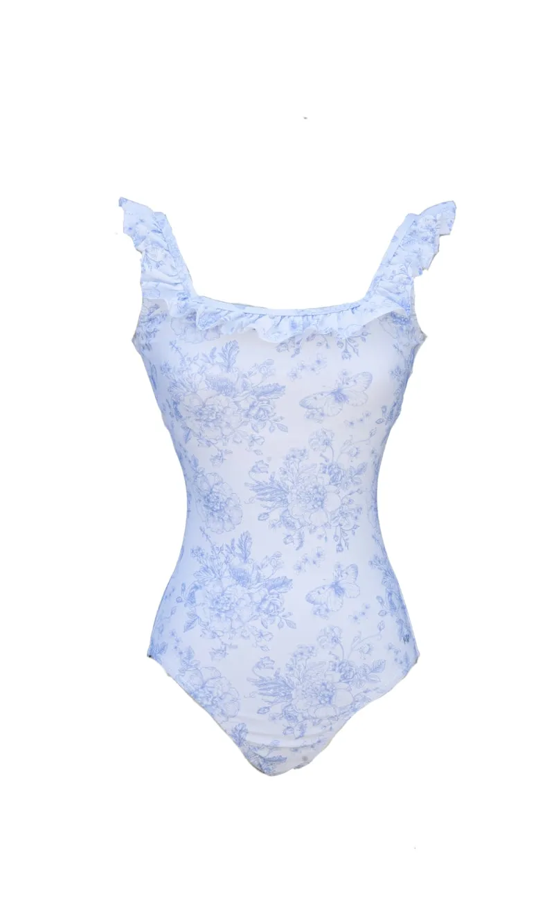 Womens Butterfly Garden Toile Ruffle One
Piece sold by Morning Lavender