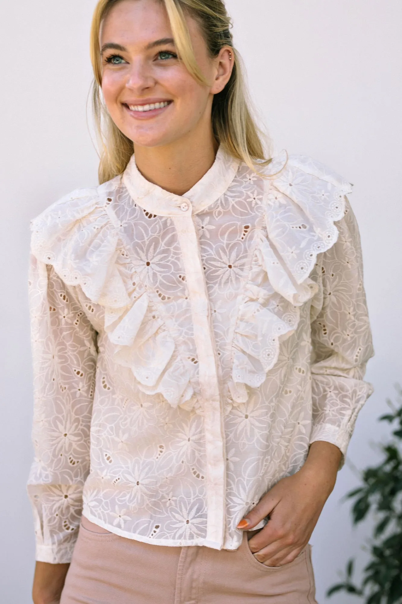 Mara Eyelet Ruffled Blouse sold by Morning Lavender