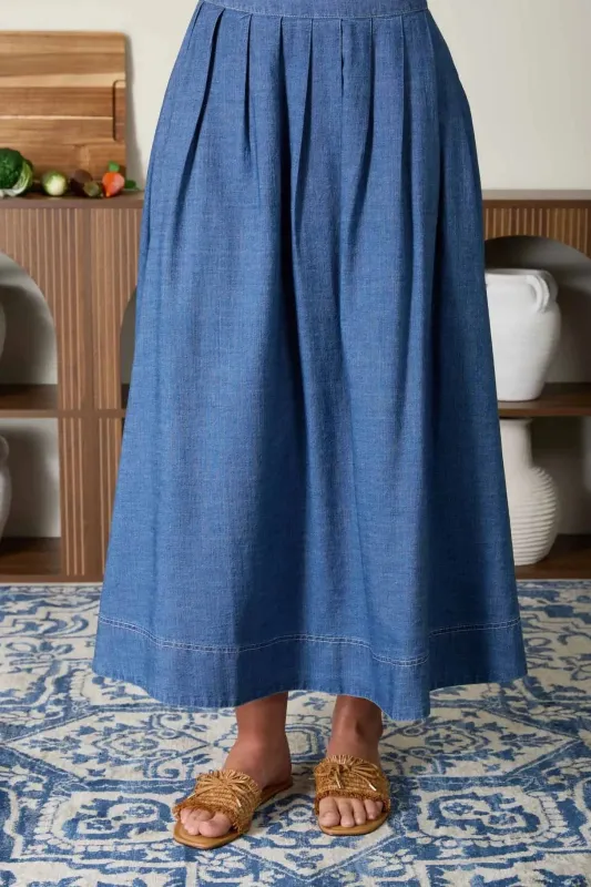 Mina Pleated Denim Midi Skirt made by Blu Pepper