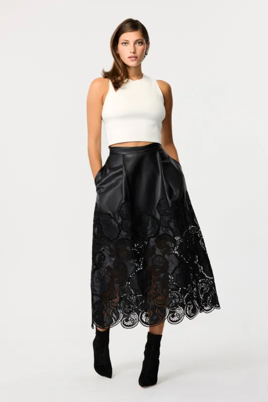 Stacey Black Vegan Leather Lace Midi Skirt sold by Toccin
