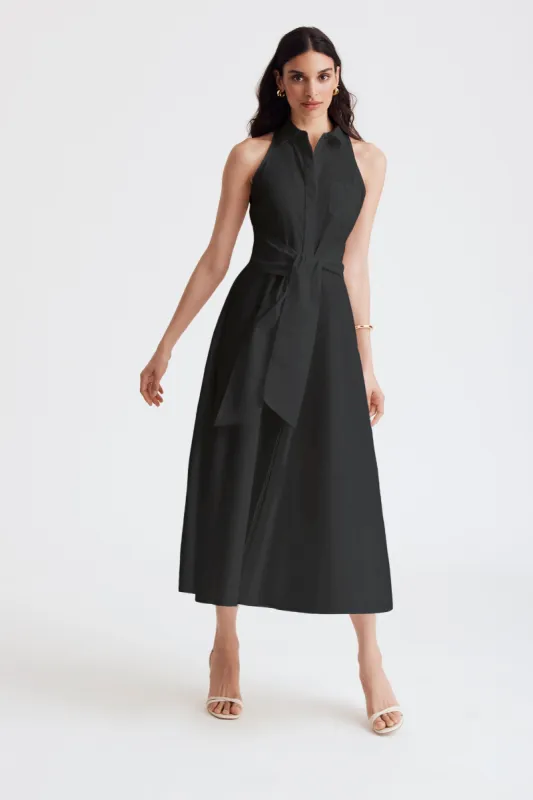 CHELSEA SLEEVELESS TIE-FRONT MIDI SHIRT DRESS made by Toccin