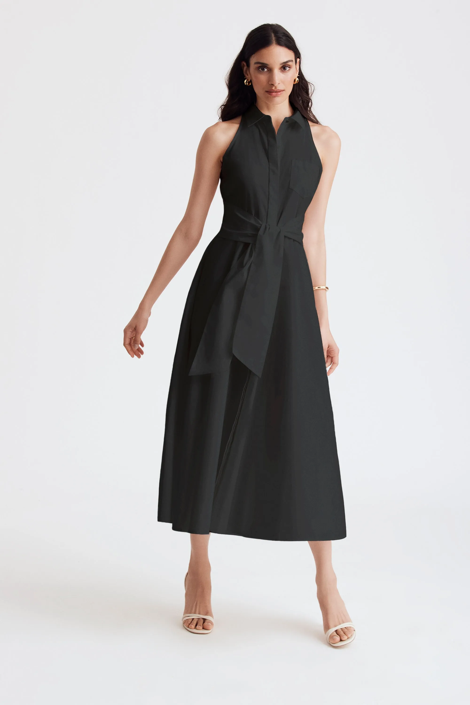 CHELSEA SLEEVELESS TIE-FRONT MIDI SHIRT DRESS sold by Toccin