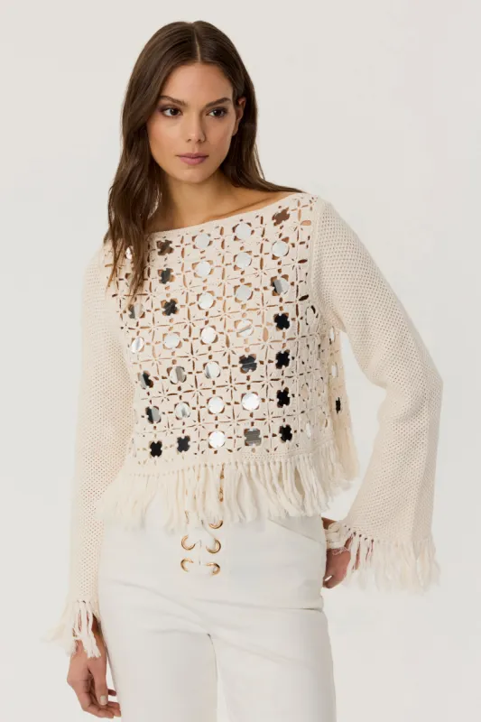 Camila Crochet Mirror Long Sleeve Fringe Top sold by Toccin