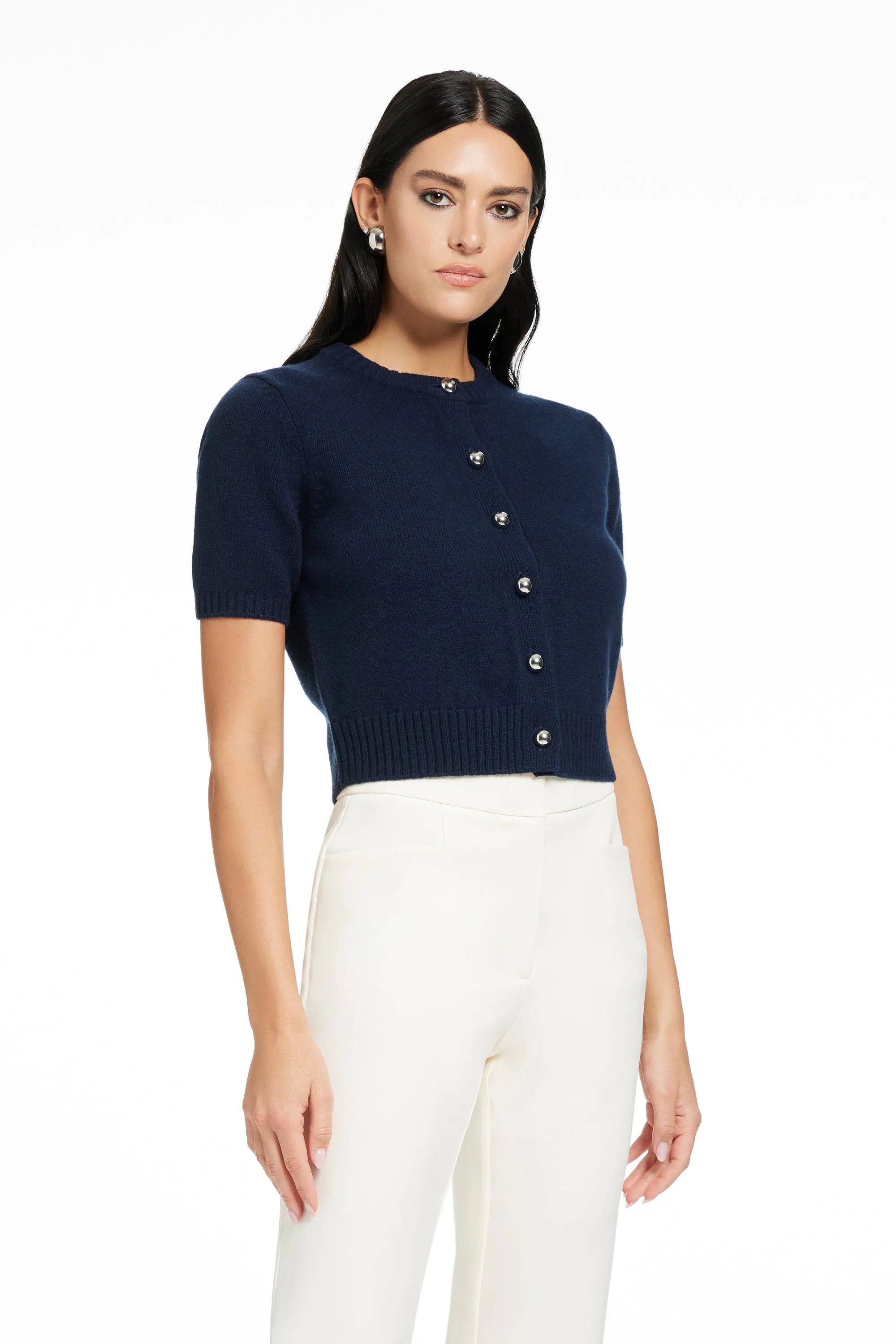 CASHMERE BLEND SHORT SLEEVE CROPPED SLIM FITTING CREWNECK CARDIGAN sold by Toccin product image thumbnail 2