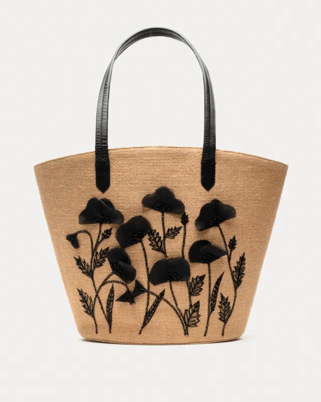 Jute Tote w/ Flower Embroidery Natural Black sold by Frances Valentine