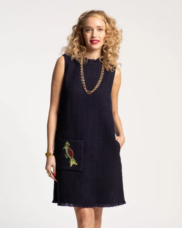 Twiggy Fringe Dress Cotton Boucle Navy sold by Frances Valentine