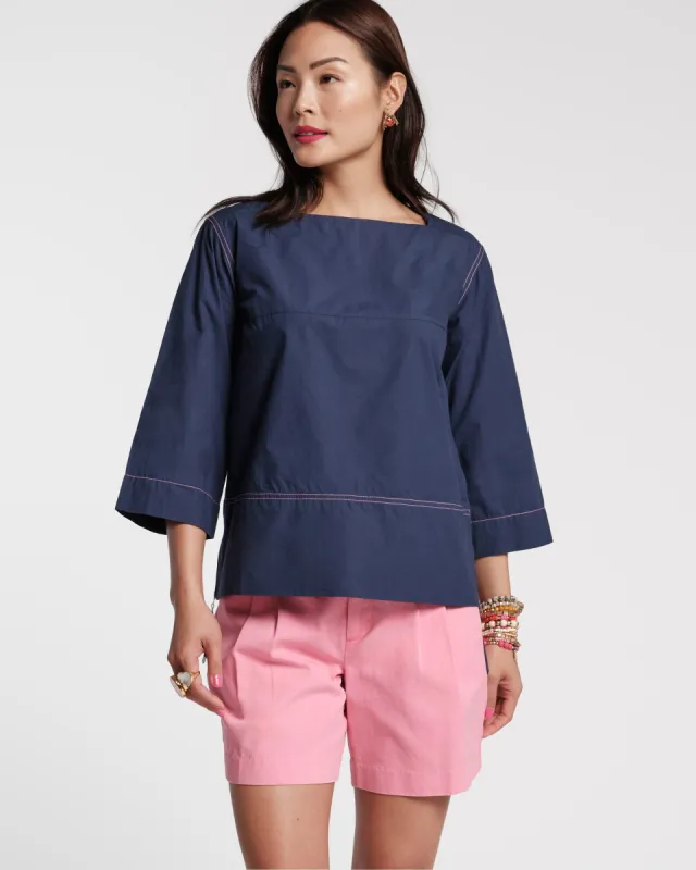 Carly Top Cotton Poplin Navy Pink sold by Frances Valentine