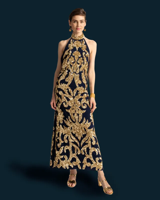Goddess Dress Navy Gold sold by Frances Valentine