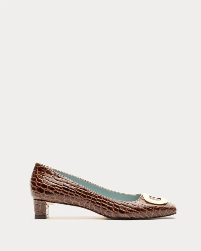 Mary Mini Block Heel Croc Embossed - Brown made by Frances Valentine