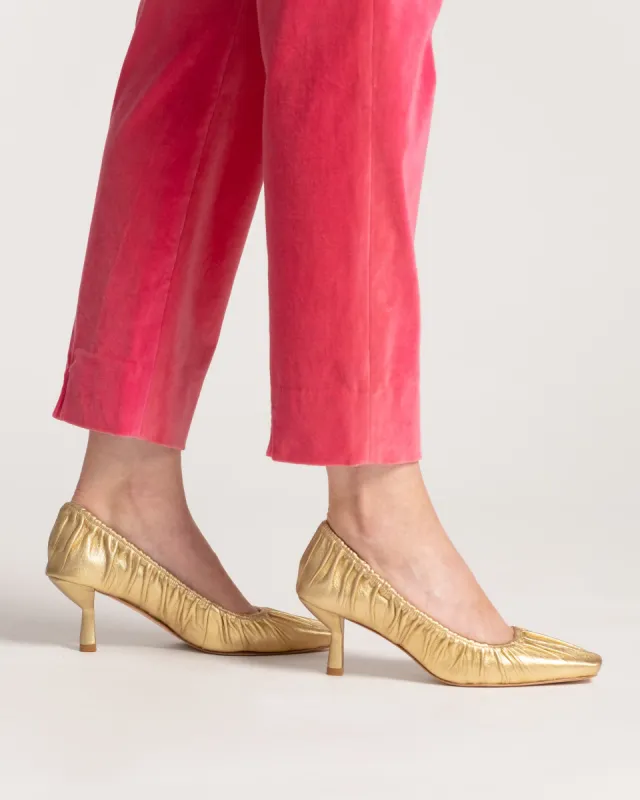 Britta Ruched Heel Metallic Leather Platino sold by Frances Valentine