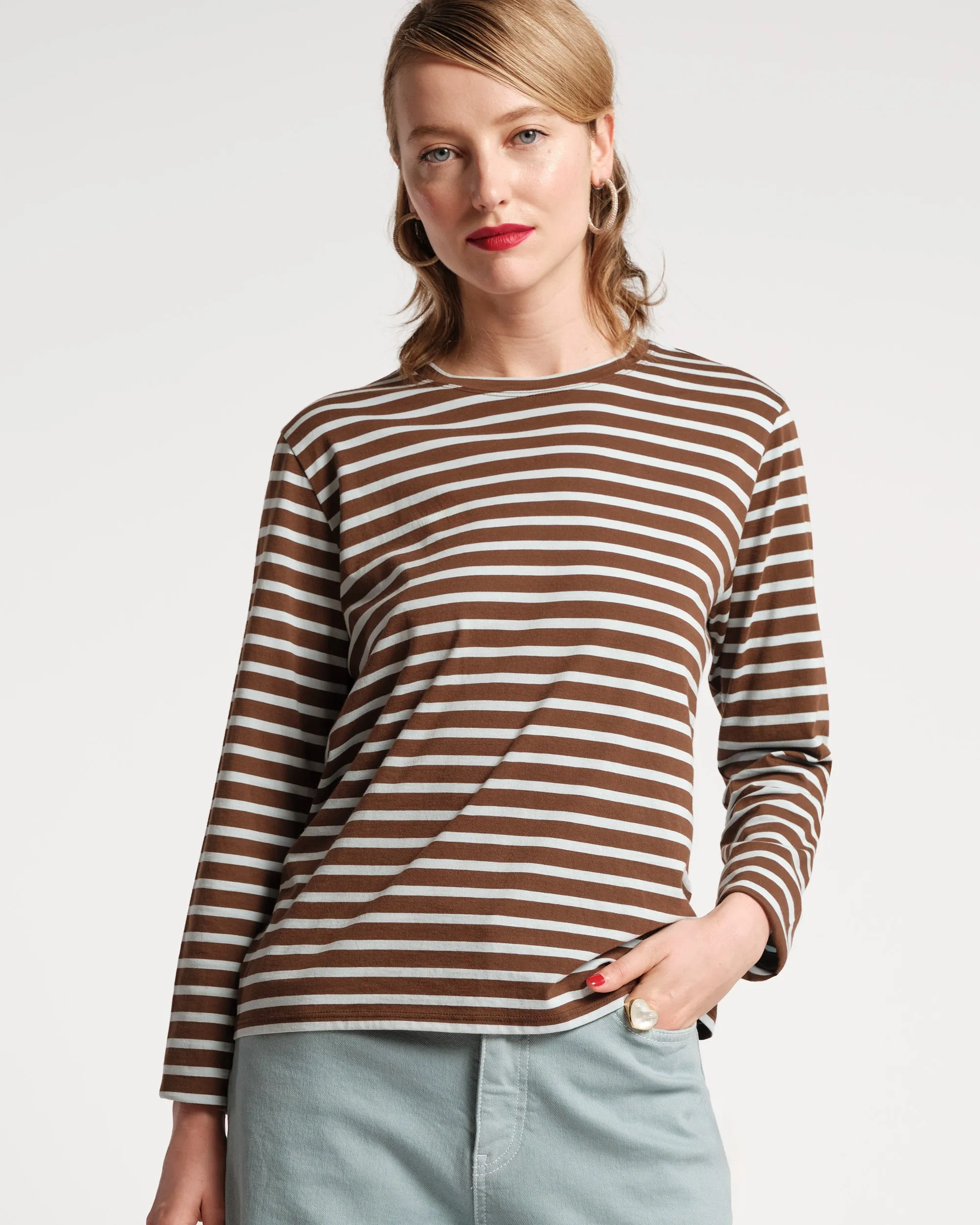 Long Sleeve Striped Tee Shirt - Chocolate Light Blue sold by Frances Valentine