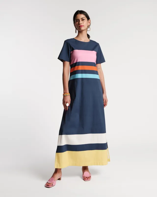 Vivi Maxi Stripe Cotton Dress Navy Multi made by Frances Valentine