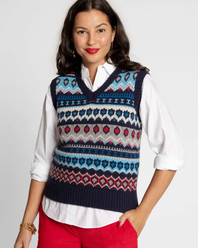 Eryn Wool Fair Isle Vest Blue sold by Frances Valentine