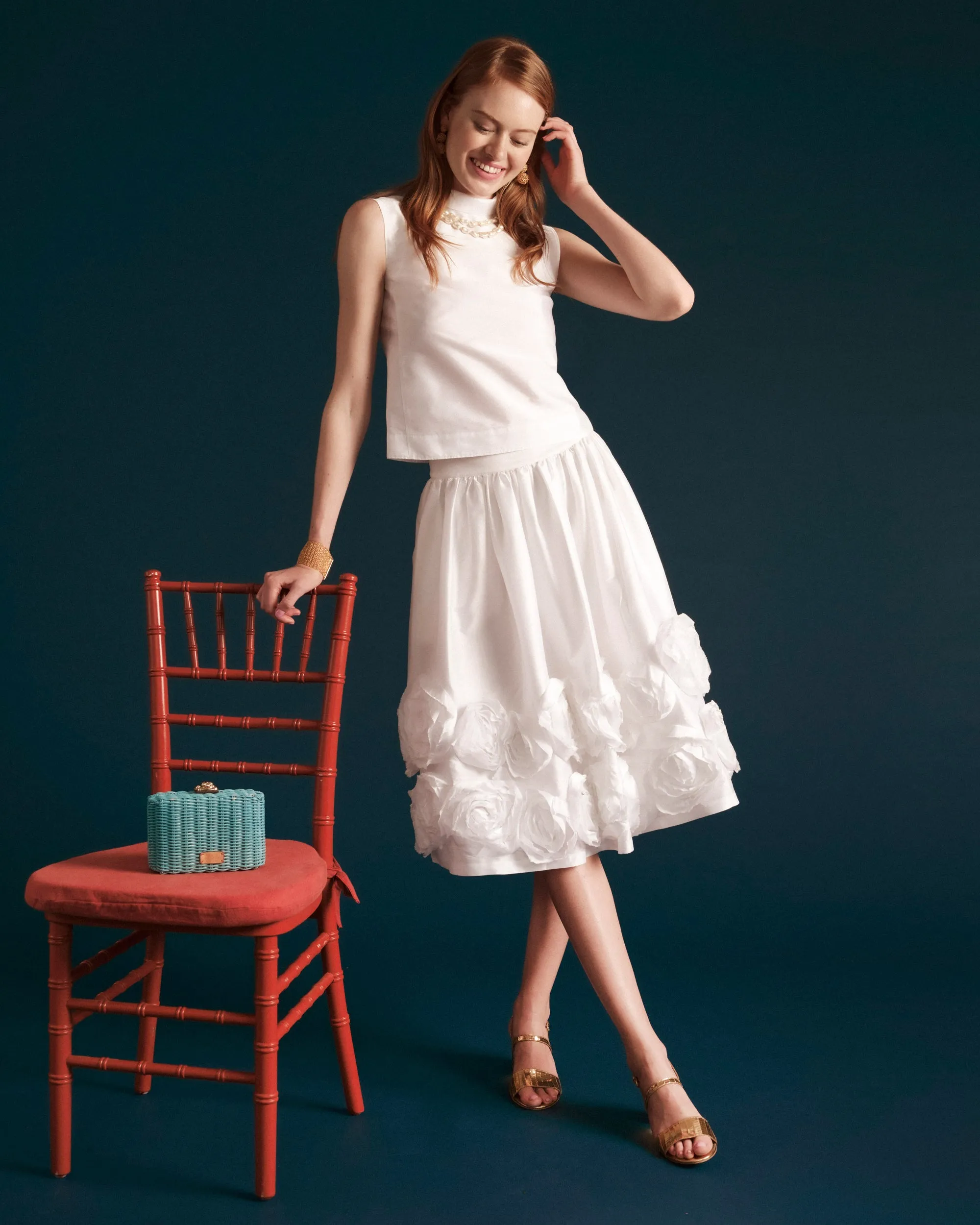 Barbara Skirt Flowers - Shantung White sold by Frances Valentine