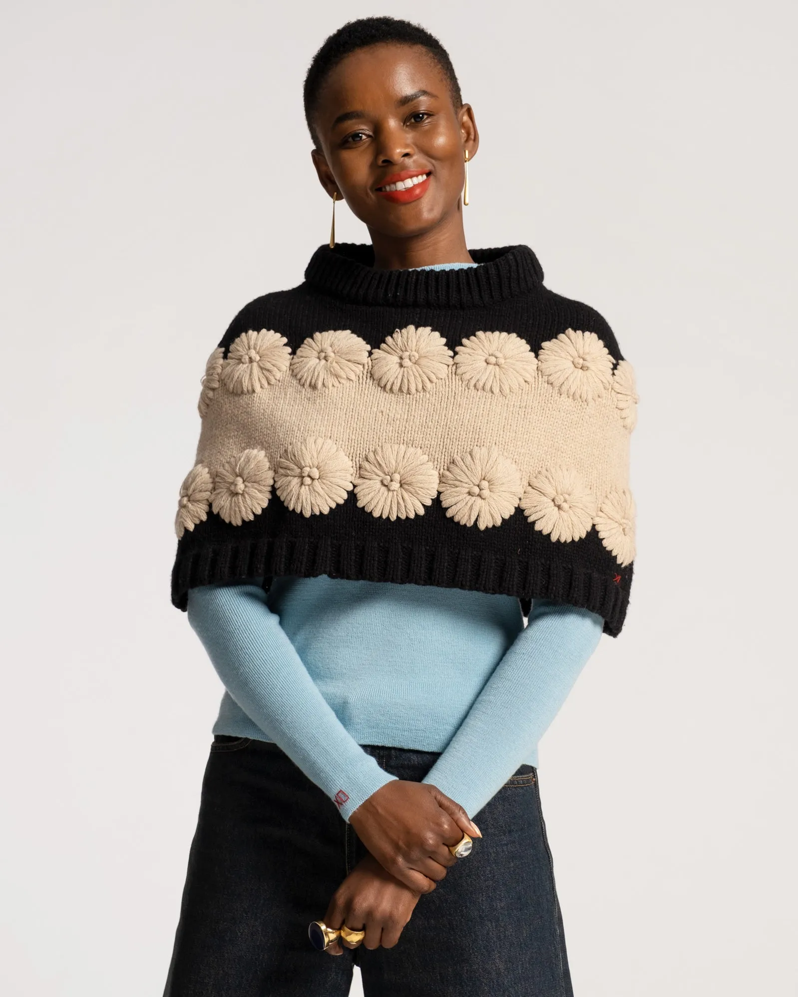 Emma Embroidered Wool Flower Shrug Black Oyster sold by Frances Valentine