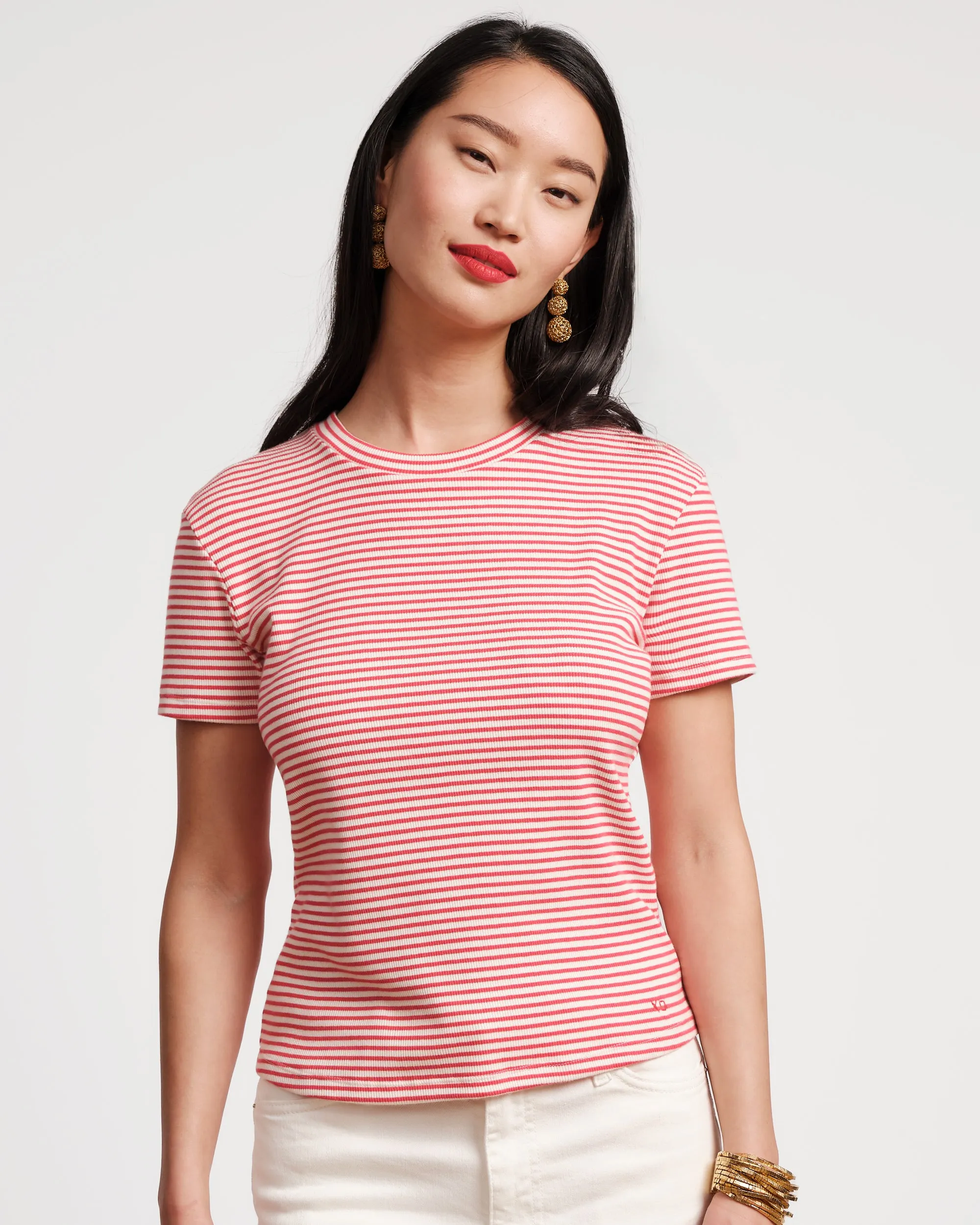 Crewneck Ribbed Tee - Stripe Cotton Red/White sold by Frances Valentine