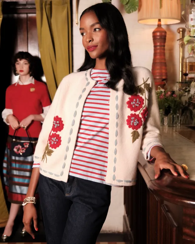 Blanket Stitch Border Cardi - Floating Floral sold by Frances Valentine